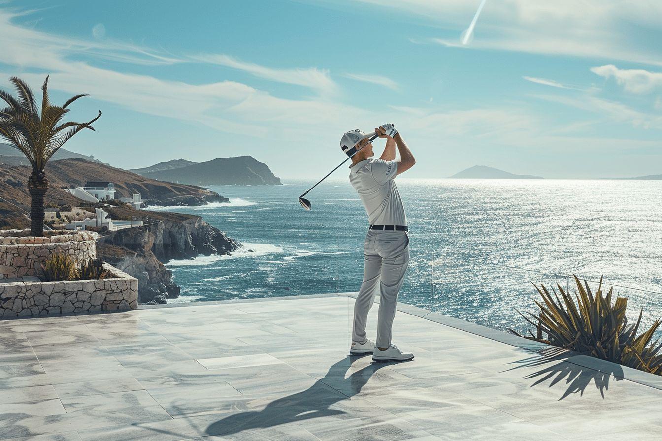 Un golfeur en vêtements blancs joue au golf avec un magnifique paysage océanique en arrière-plan.